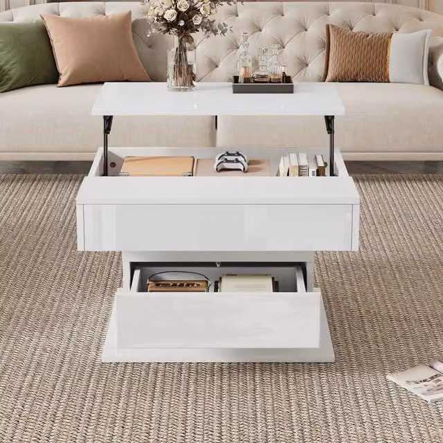 VOGREX White Glossy Coffee Table with Lift Top and Hidden Storage Compartment, W/D/H: 70 x 70 x 45 cm – 1