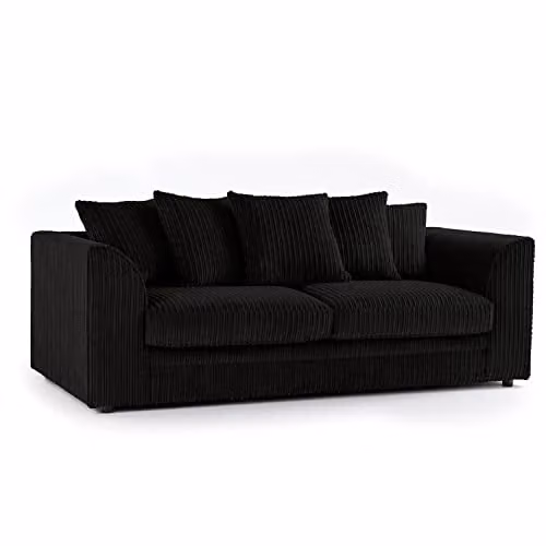 Luxor Living Black Jumbo Cord 3 Seater Fabric Sofa with Scatter Cushions