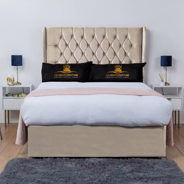 UK Bed Furniture Mary Winged Divan Bed Base with 54 Inch Buttoned Headboard in Beige Velvet, W/D/H: 90 x 190 cm