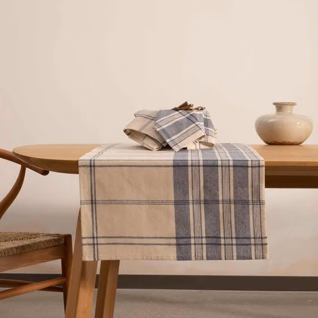 The Mia UK Blue Checked Maritime Half Linen Table Runner