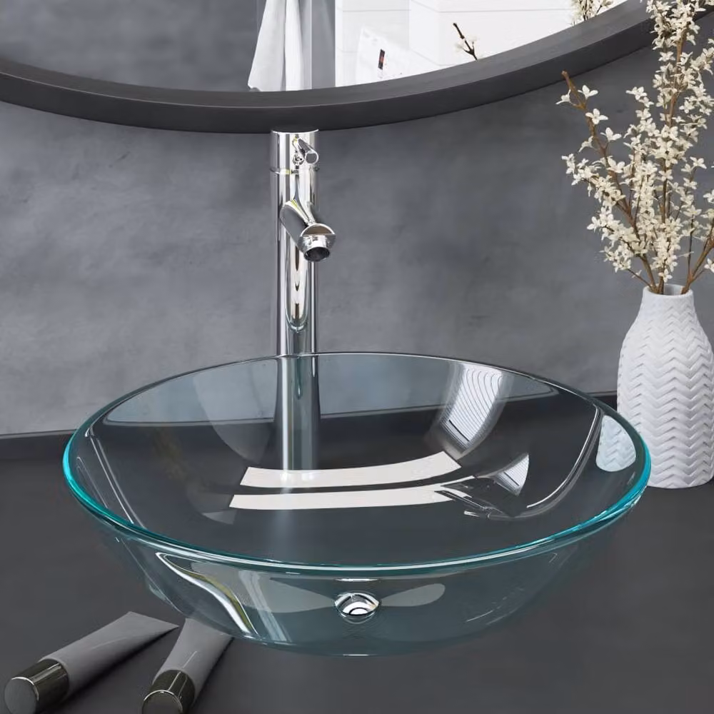 Berkfield Home Round Transparent Tempered Glass Countertop Bathroom Sink with Tap and Push Drain – 2