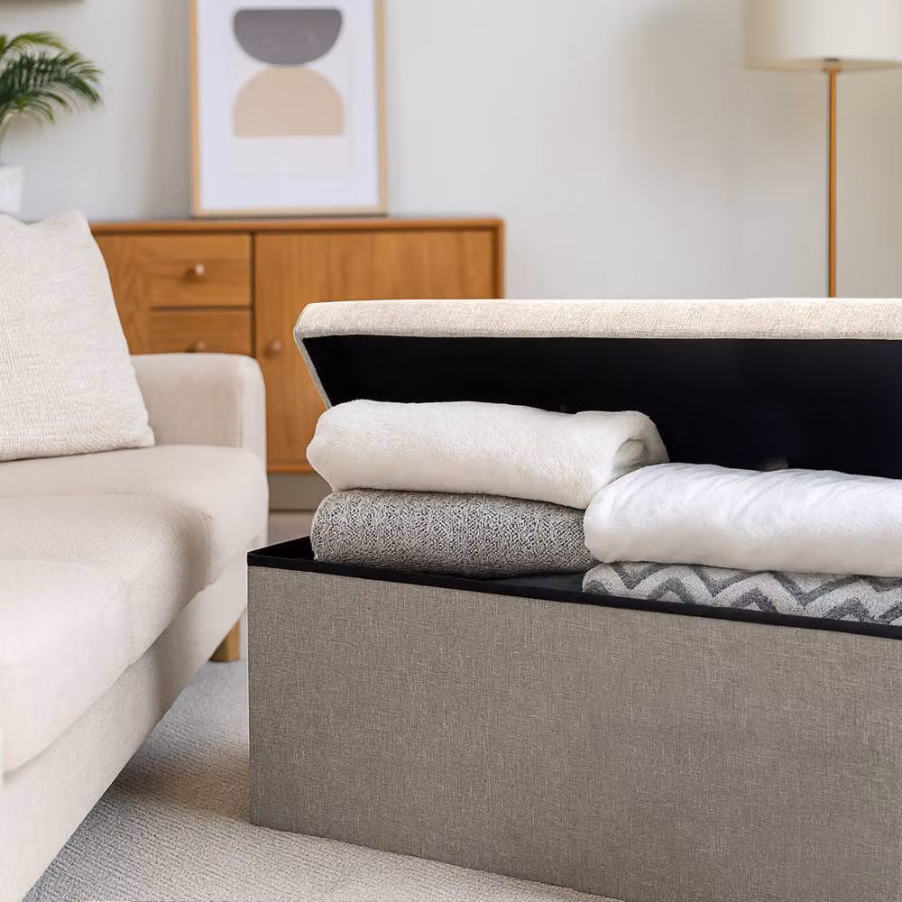 Harbour Housewares Foldable Storage Ottoman Bench in Beige Linen, W/D/H: 111 x 37 x 39 cm – 6