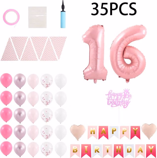 Lifeideas 35-Piece Pink 16th Birthday Balloon Decoration Set for Teenagers