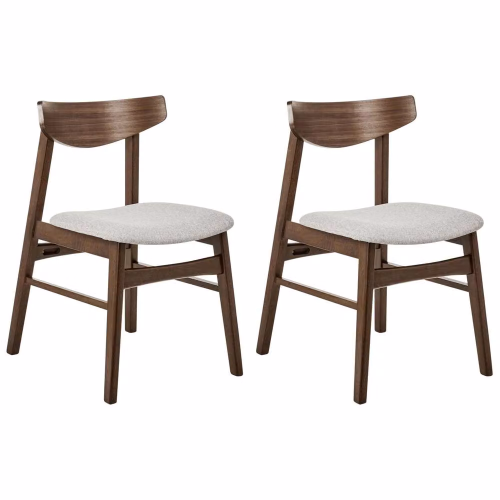 Wyld and Coco Set of 2 Retro Armless Dining Chairs in Brown Rubberwood with Grey Fabric – 2