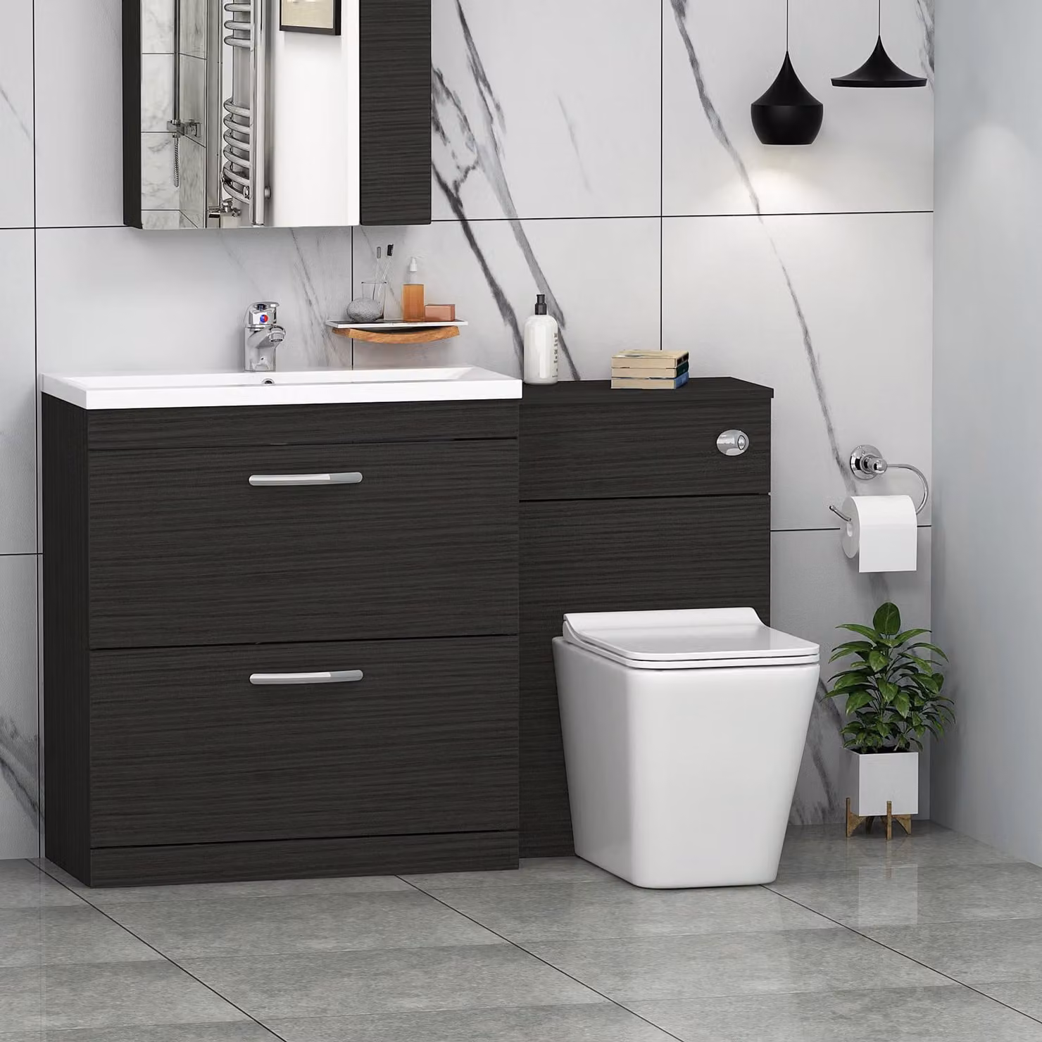 Royal Bathrooms Hale Black 2 Drawer Furniture Pack with Mid Edge Basin and Slim Elena Back to Wall Toilet, Width: 130 cm