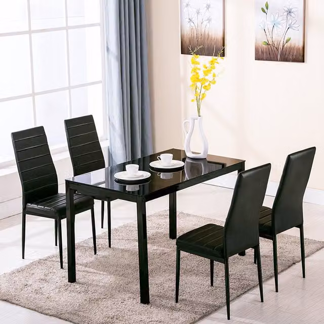 Livingandhome Modern Rectangular Glass Dining Table and 5 Chairs Set in Black
