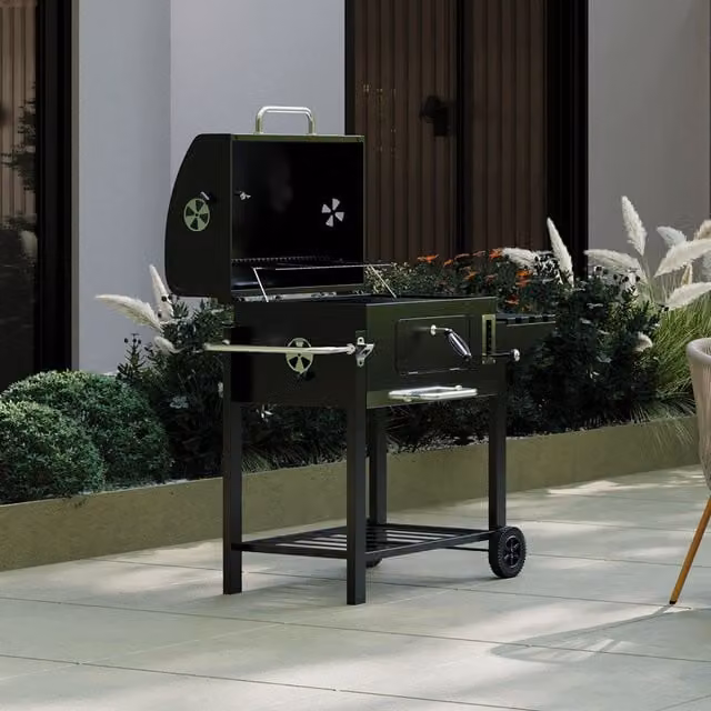 Charles Bentley American Large Portable Charcoal BBQ Grill with Warming Rack and Wheels, Black