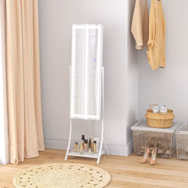 HOMCOM Full Length LED Dimmable Floor Mirror with Storage Shelf in White