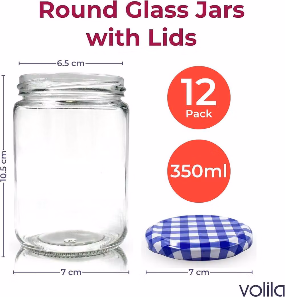 Volila 12 Pack Round Glass Jam Jars with Labels and Pen, Blue, 350ml per jar – 2
