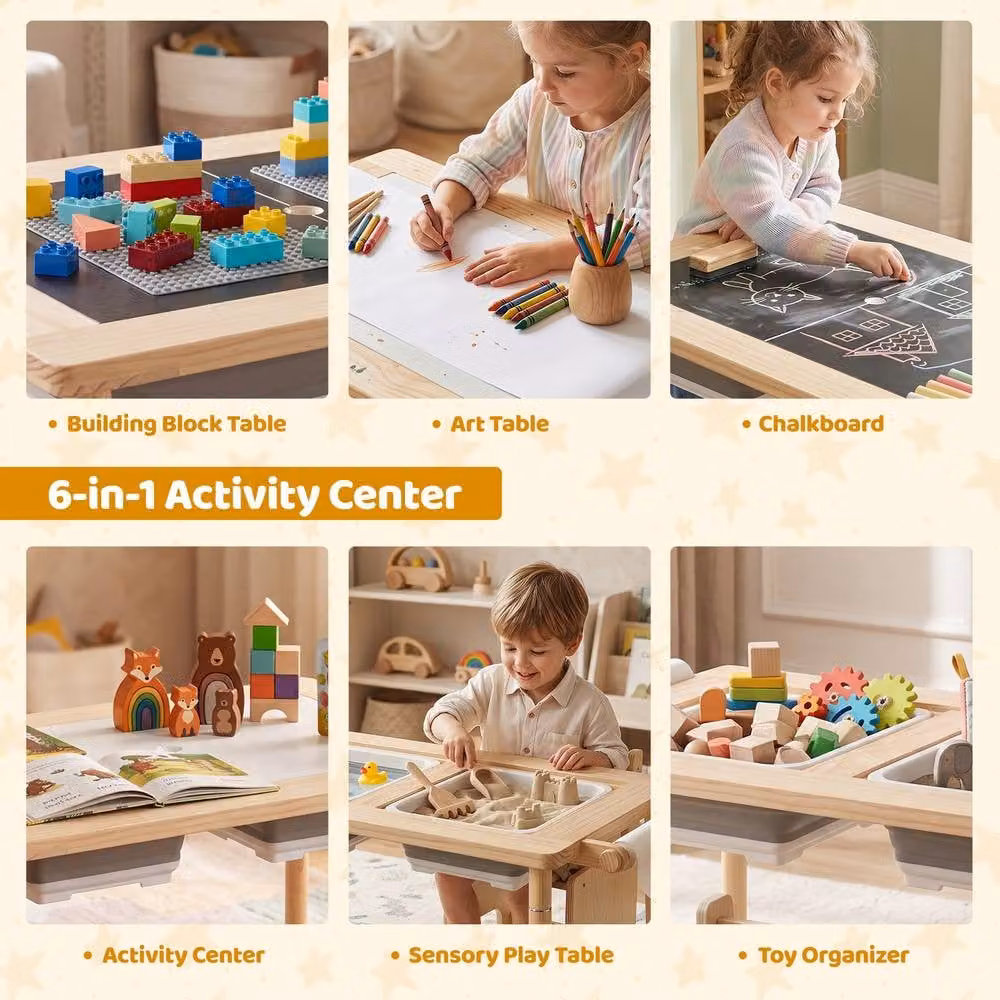 CASART Adjustable Height Sensory Table Set for Children in Natural Wood – 4