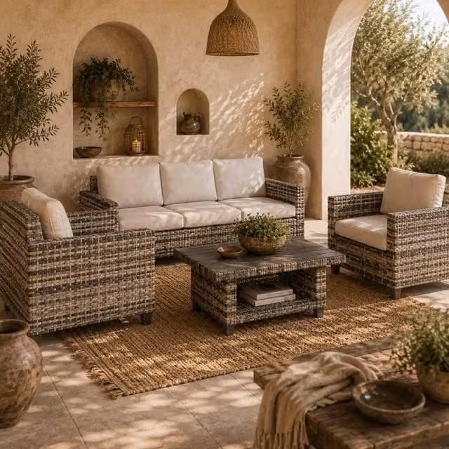 Wyld Haus Coneno 6 Piece Modular Rattan and Metal Outdoor Sofa Set in Light Grey – 1