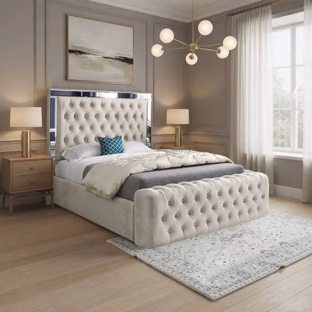 Casani Ludgershall Mirror Upholstered Designer Bed Frame in Beige Velvet, Size: Super King (200 x 200 cm) – 1