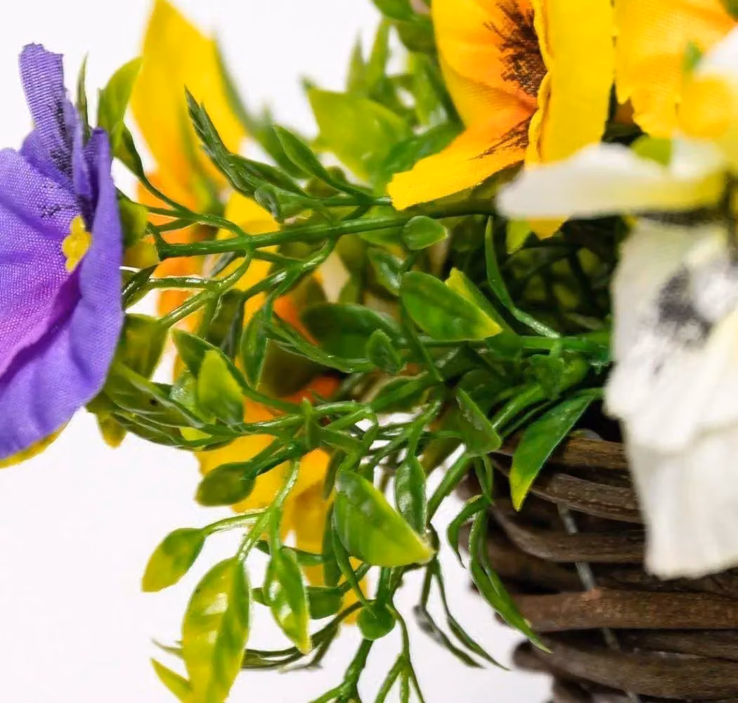 Primrose Artificial Pansy Flowers in a Rattan Hanging Basket, Yellow, Purple and White, Diameter: 25 cm – 3