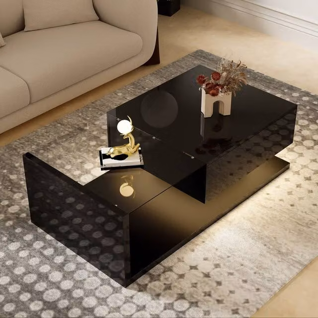Merax Modern High-Gloss Black Coffee Table with Tempered Glass and LED Lights, W/D/H: 105 x 32.5 x 32.5 cm – 1