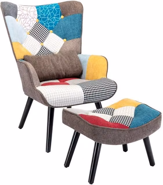 HomeMiYN Mid-Century Brown Patchwork Fabric Single-Seater Tub Sofa with Ottoman and Armrests