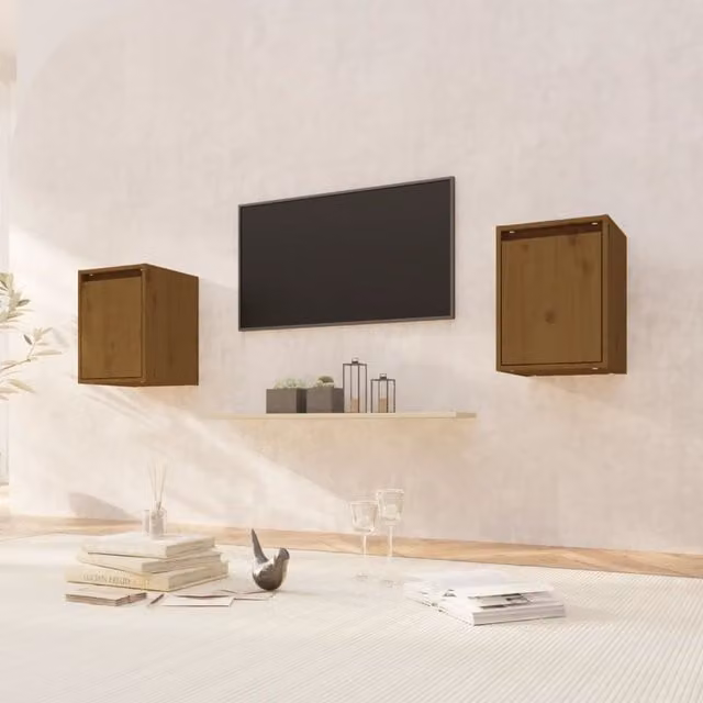 Berkfield Home Set of 2 Solid Wood Pine Wall Cabinets in Honey Brown, W/D/H: 30 x 30 x 40 cm