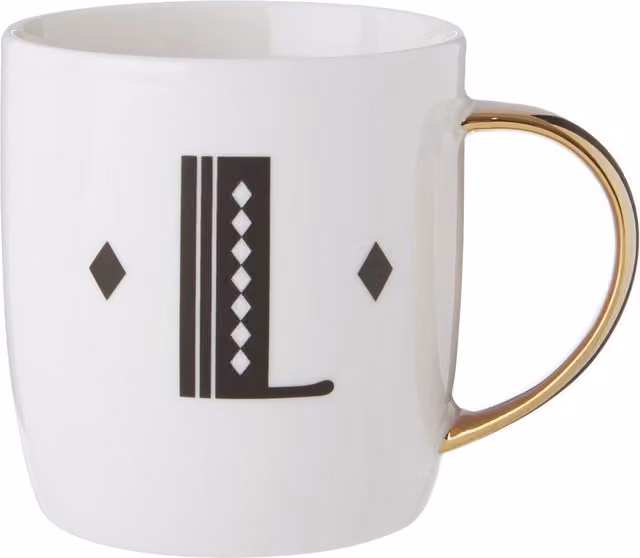 Orsina Diamond Deco L Letter Monogram Bone China Mug in Black, White and Gold