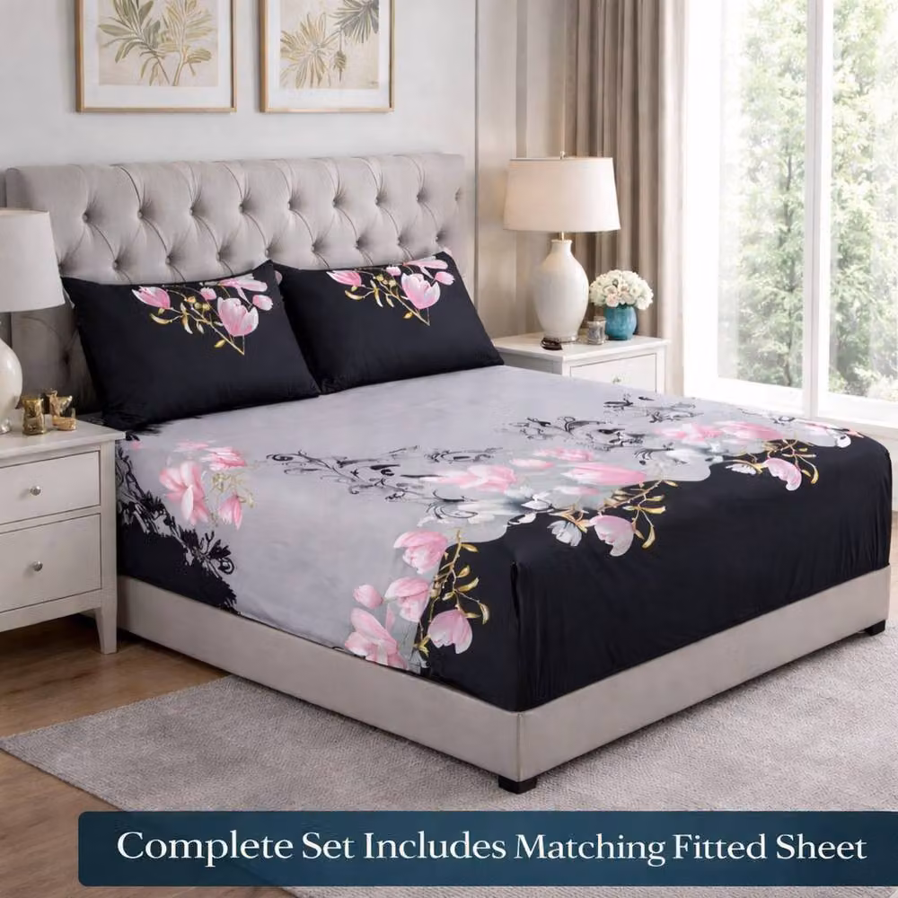 Homes-Linen 4 Piece Microfibre Single Bedding Set with Pink Floral Design, W: 90 cm x L: 190 cm – 2