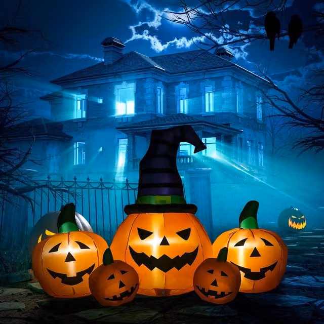 OUTSUNNY Inflatable Halloween Large Pumpkin in Hat with Four Small Pumpkins and LED Lights, Orange – 1