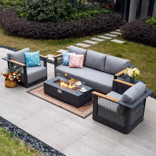 MIMO Garden Grey Rope Weave 3 Seater Outdoor Sofa Set with Iron Fire Pit Table and Upholstered Cushions – 1