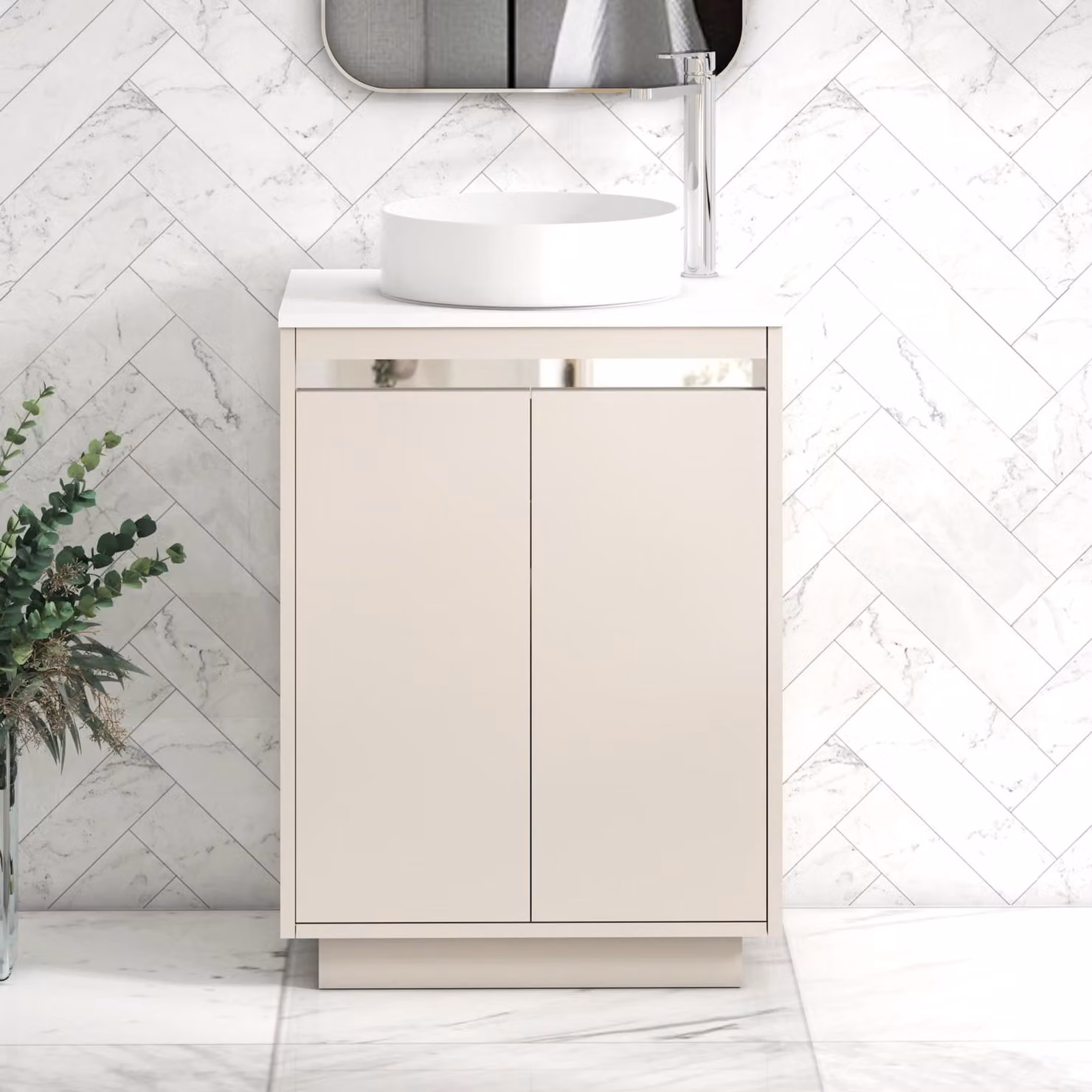 Royal Bathrooms Orion 600mm Warm Taupe Floor Standing 2 Door Vanity Unit with Plain White Undrilled Worktop and Chrome Accent Trim