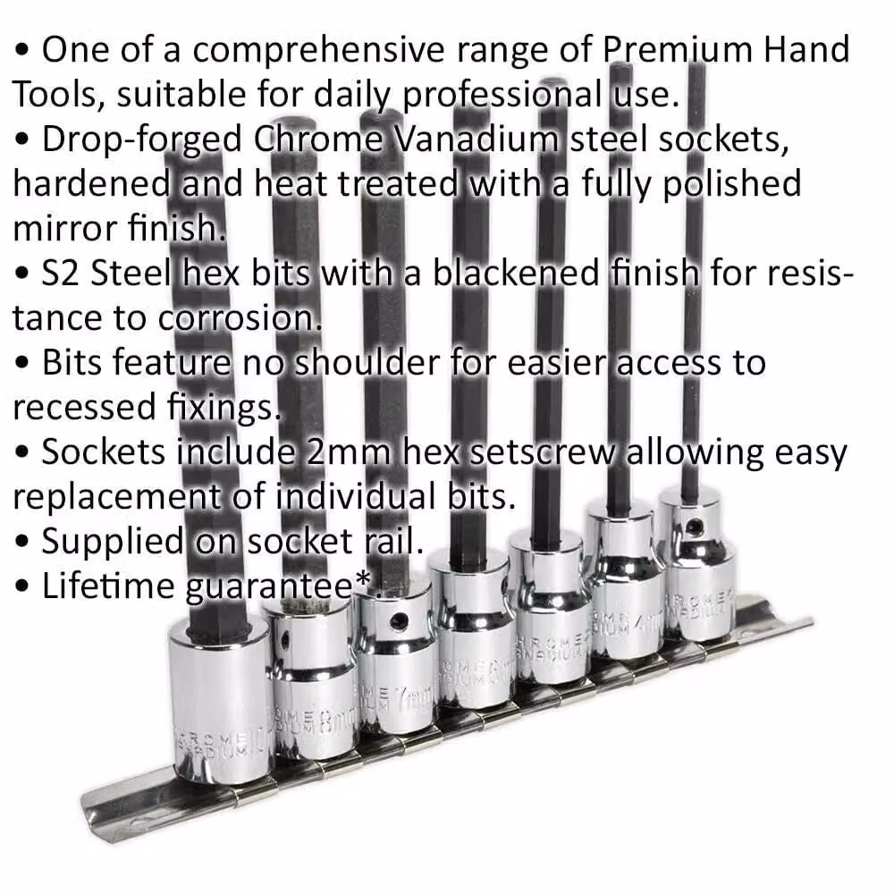 Loops 7pc Hex Socket Bit Set, 3/8" Square Drive, 3mm to 10mm, 110mm Long Shaft, S2 Steel, Silver – 2