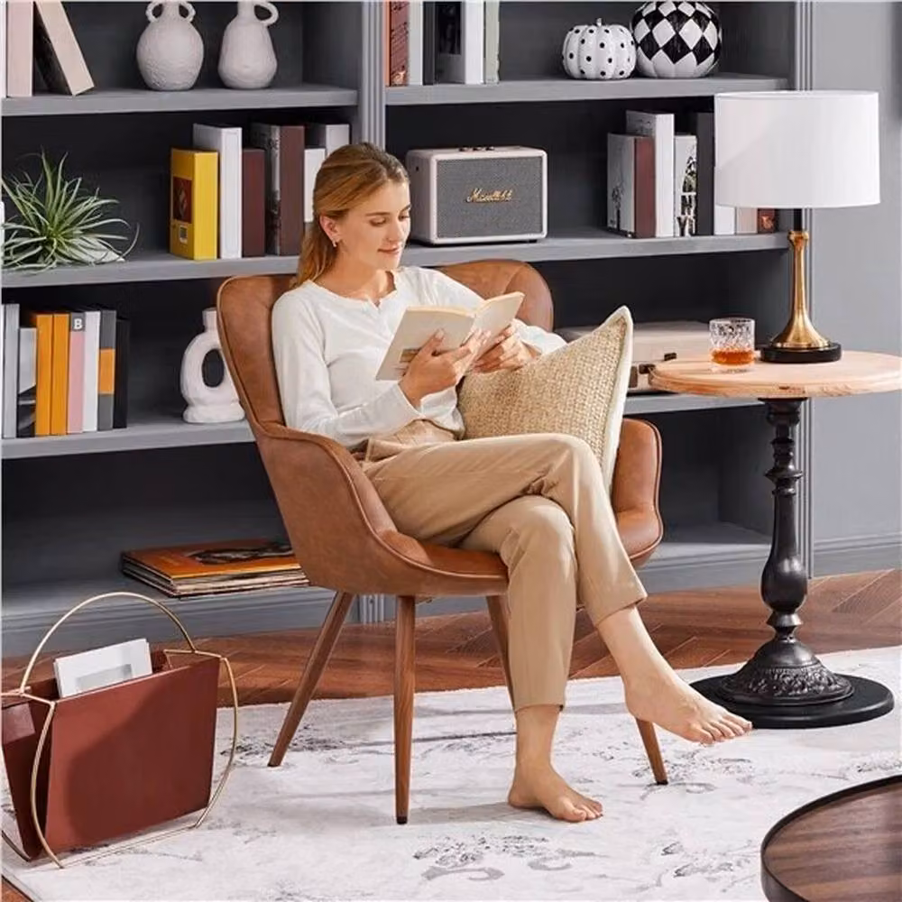KORVIXA Mid-Century Modern Synthetic Leather Tub Accent Chair in Brown – 3