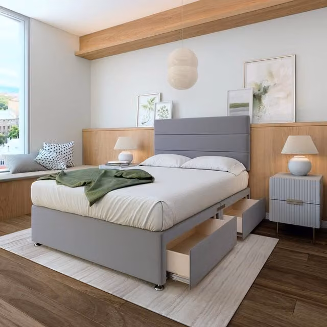 Bedmaster Plush Velvet Divan Base with Storage Drawers and Lined Headboard in Silver/Grey, 150 x 200 cm