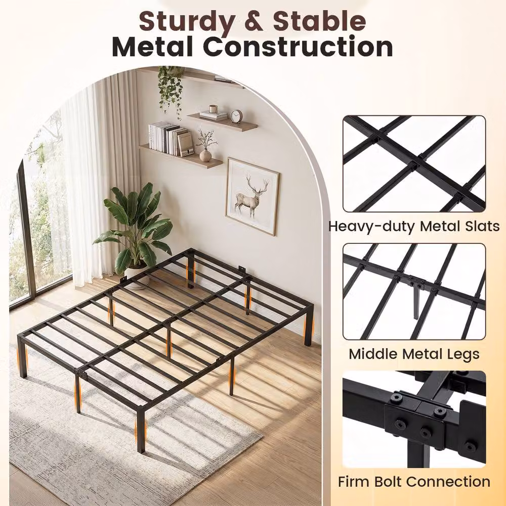 Costway Double Metal Bed Frame Platform Bed with Under-bed Storage Space in Black, W/D/H: 140 x 200 cm – 6