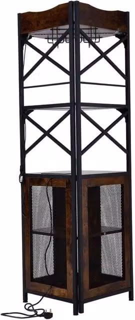 FLAVORA Brown 5 Tier Corner Wine Cabinet with Glass Doors and Integrated Lighting – 1