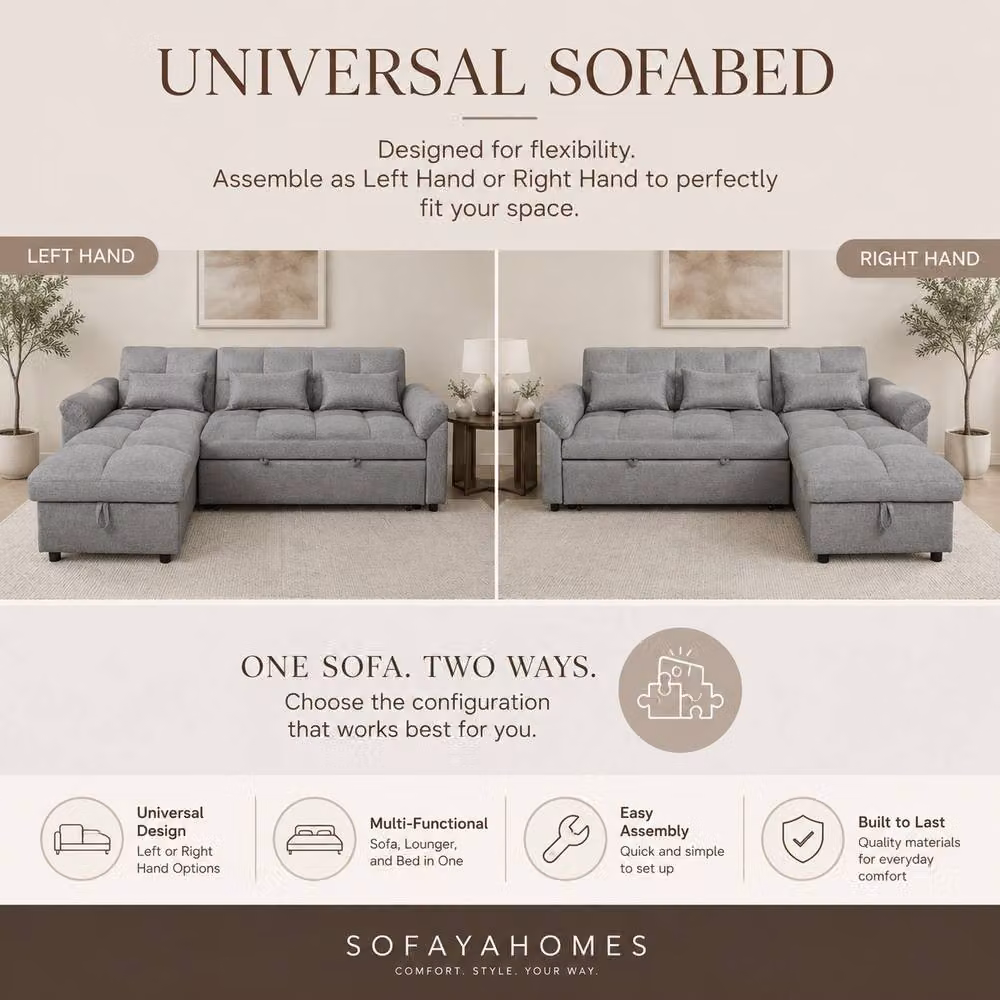Sofaya Arlo 3 Seater L-Shape Corner Chaise Sofa Bed in Black Fabric with Reversible Sleeping Function – 2