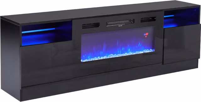 Lifeideas Modern Glossy Black Recessed Electric Fireplace TV Stand with Storage