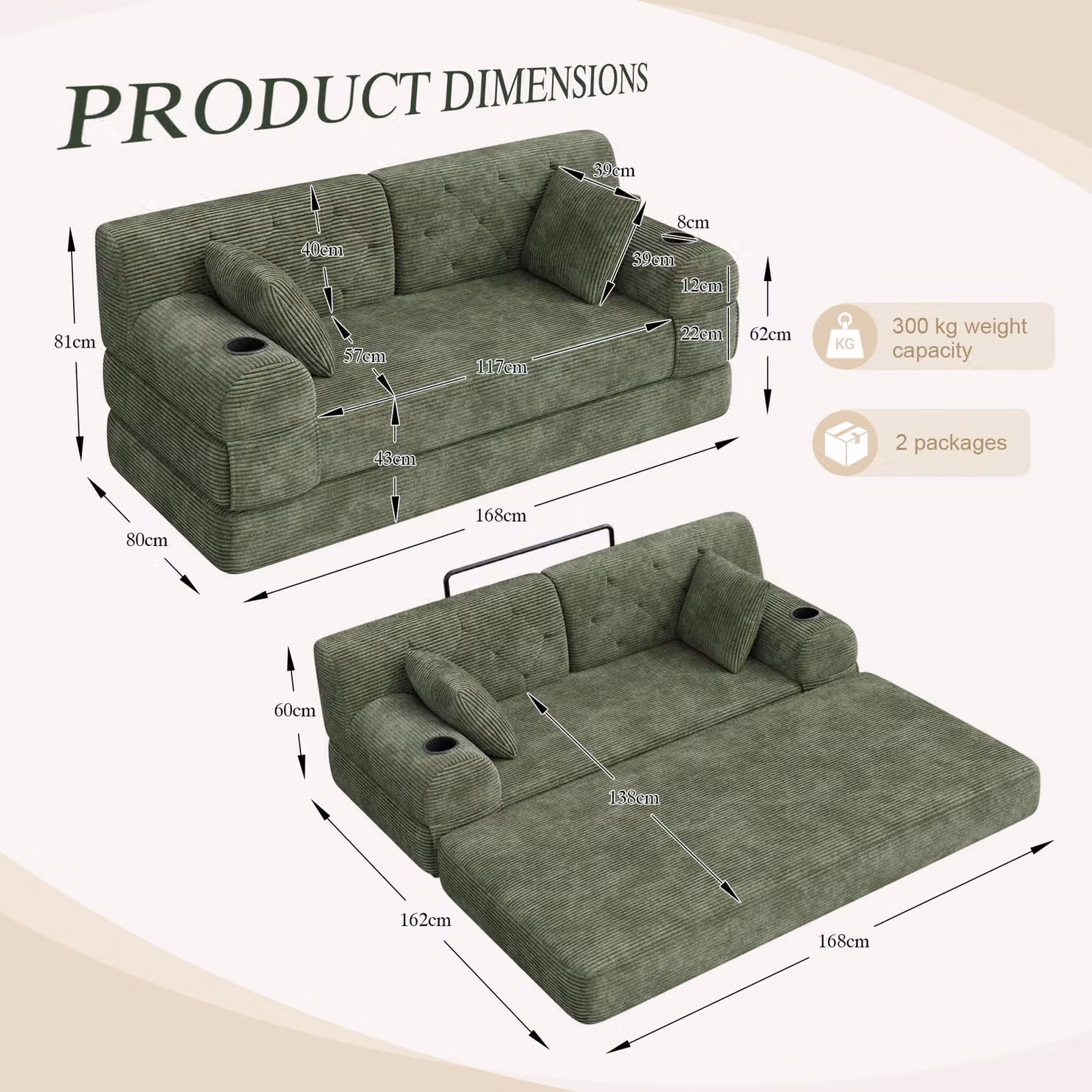 Aosom UK Green Corduroy Convertible Sleeper Sofa with High-Density Foam and Cup Holders, W: 80 cm, D: 168 cm, H: 81 cm – 3