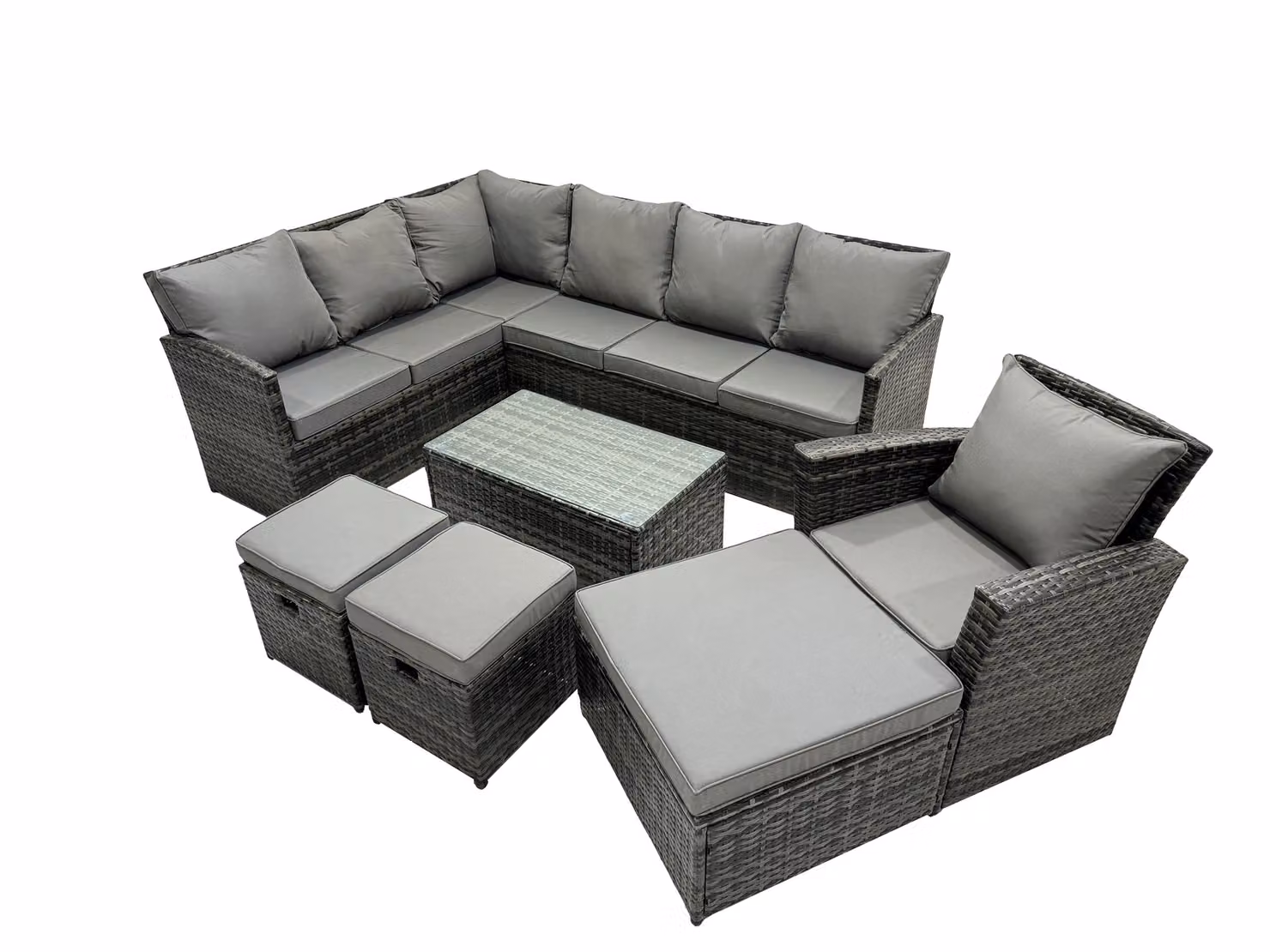 Fimous 10 Seat Poly Rattan L-Shape Corner Sofa Set with 3 Stools and Coffee Table in Dark Grey – 2