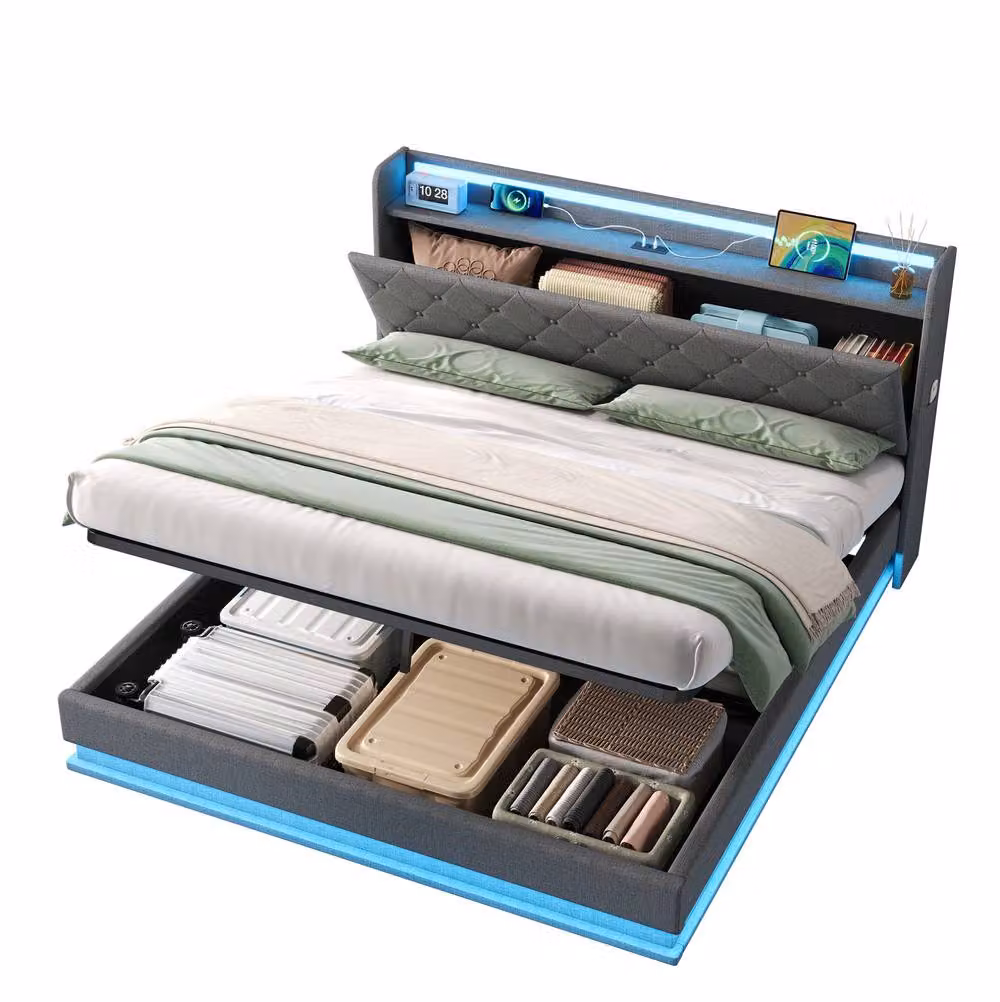 STILVORA Upholstered Double Bed Frame in Grey with Hydraulic Storage, LED Lighting and USB Charging Port, W/D/H: 140 x 200 cm – 4