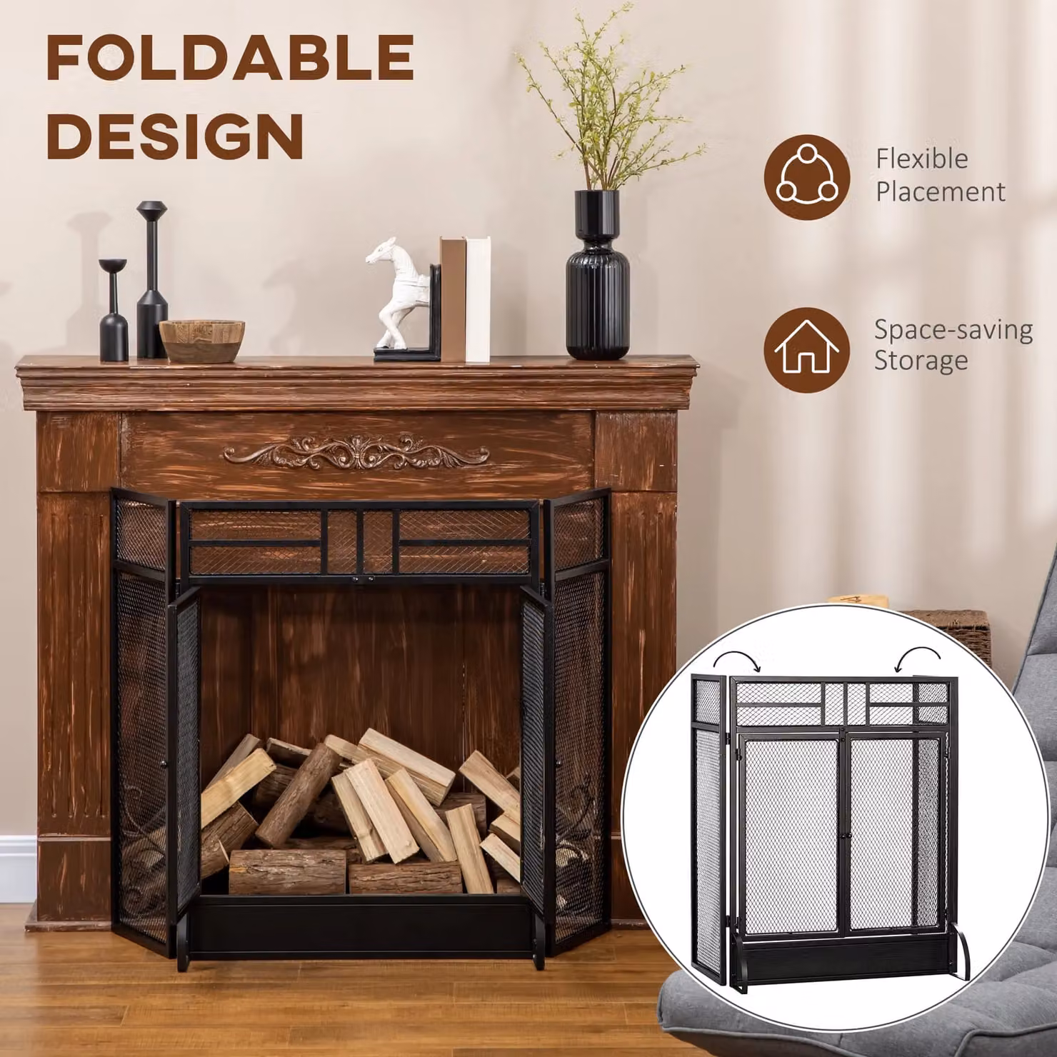 HOMCOM 3-Panel Folding Freestanding Fireplace Screen with Door in Black, W: 120 cm, H: 79 cm – 5