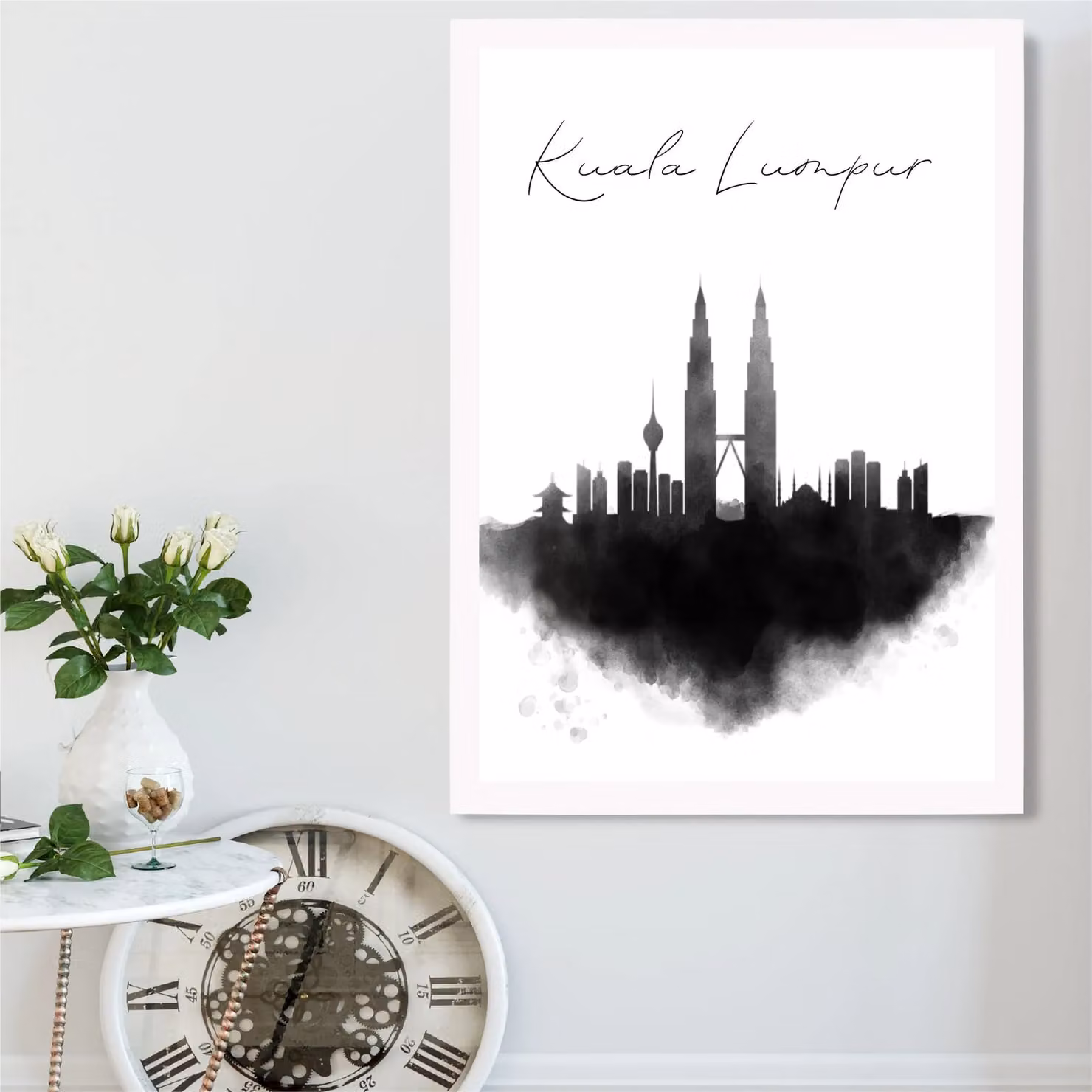 ARTZE Kuala Lumpur Watercolour Skyline City Framed Print, Black and White, A2 – 2