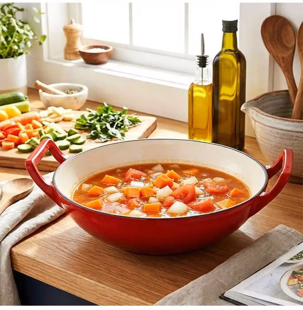 Living and Home Enamelled Cast Iron Stir-Fry Wok, Red, Depth: 30 cm
