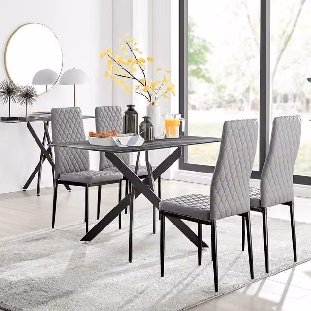 FurnitureboxUK Leonardo Grey Glass Marble Effect Dining Table and 4 Milan Black Leg Chairs Set