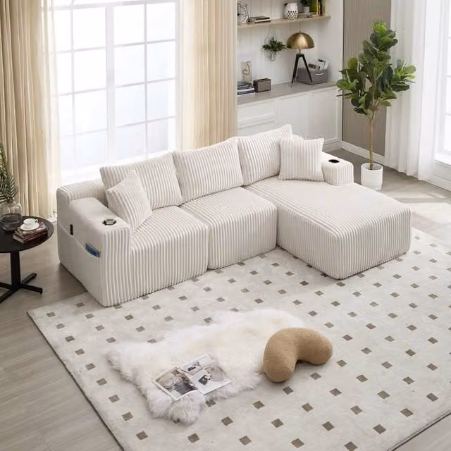 Direct Wicker L-Shaped Modular Sectional Sofa in White with Reversible Upholstered Fabric and Foam Cushions, 3 Seater