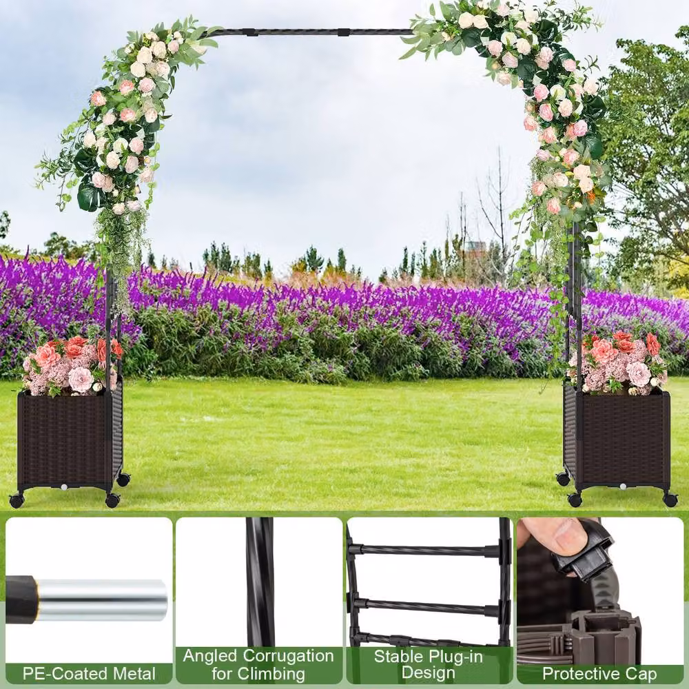 Gymax Brown Metal Garden Arch Trellis Rolling Arbor Archway with 2 Planter Boxes, Height: 288 cm – 6