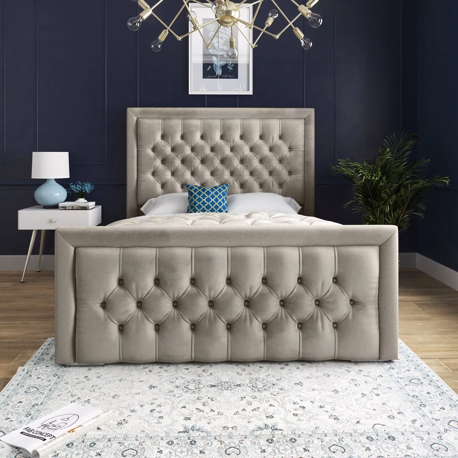 DS Living Kingston Upholstered Velvet Bed Frame in Beige, W/D/H: 140 x 200 cm – 3