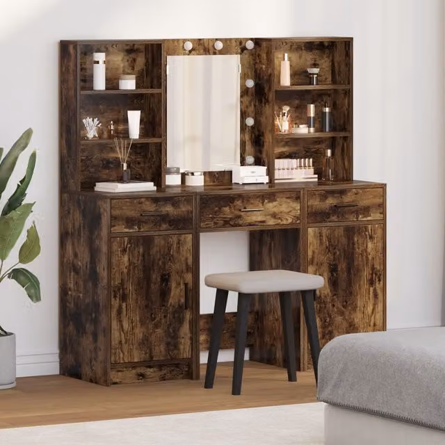 Berkfield Home 3 Piece Smoked Oak Dressing Table Set in Brown