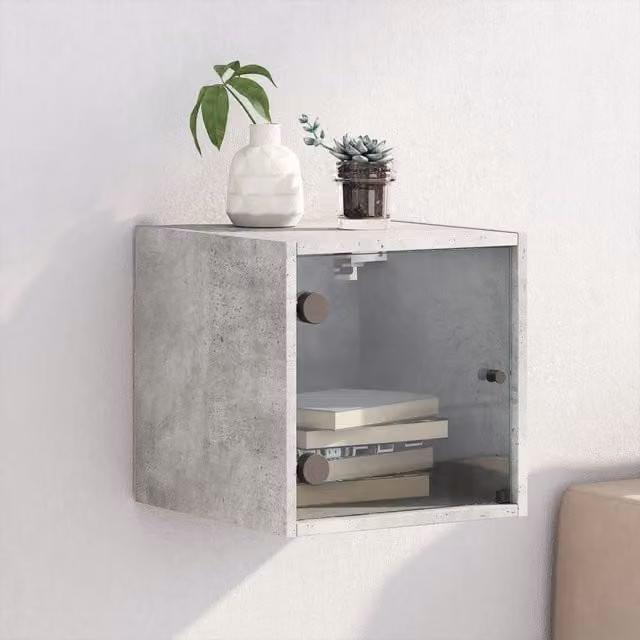 Berkfield Home Bedside Cabinet with Glass Door in Concrete Grey, W/D/H: 35 x 37 x 35 cm