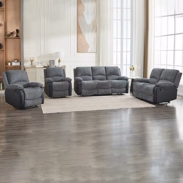 Furniture One Grey Corduroy Manual Reclining Sectional Sofa Set