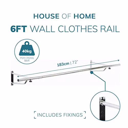 Direct Online Houseware Heavy Duty Wall Mounted Metal Clothes Rail in Silver, Width: 182.88 cm – 3