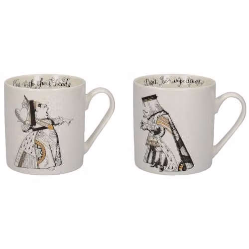 V & A Alice in Wonderland Bone China Mug Set of 2, White, Black and Gold, 350 ml per mug