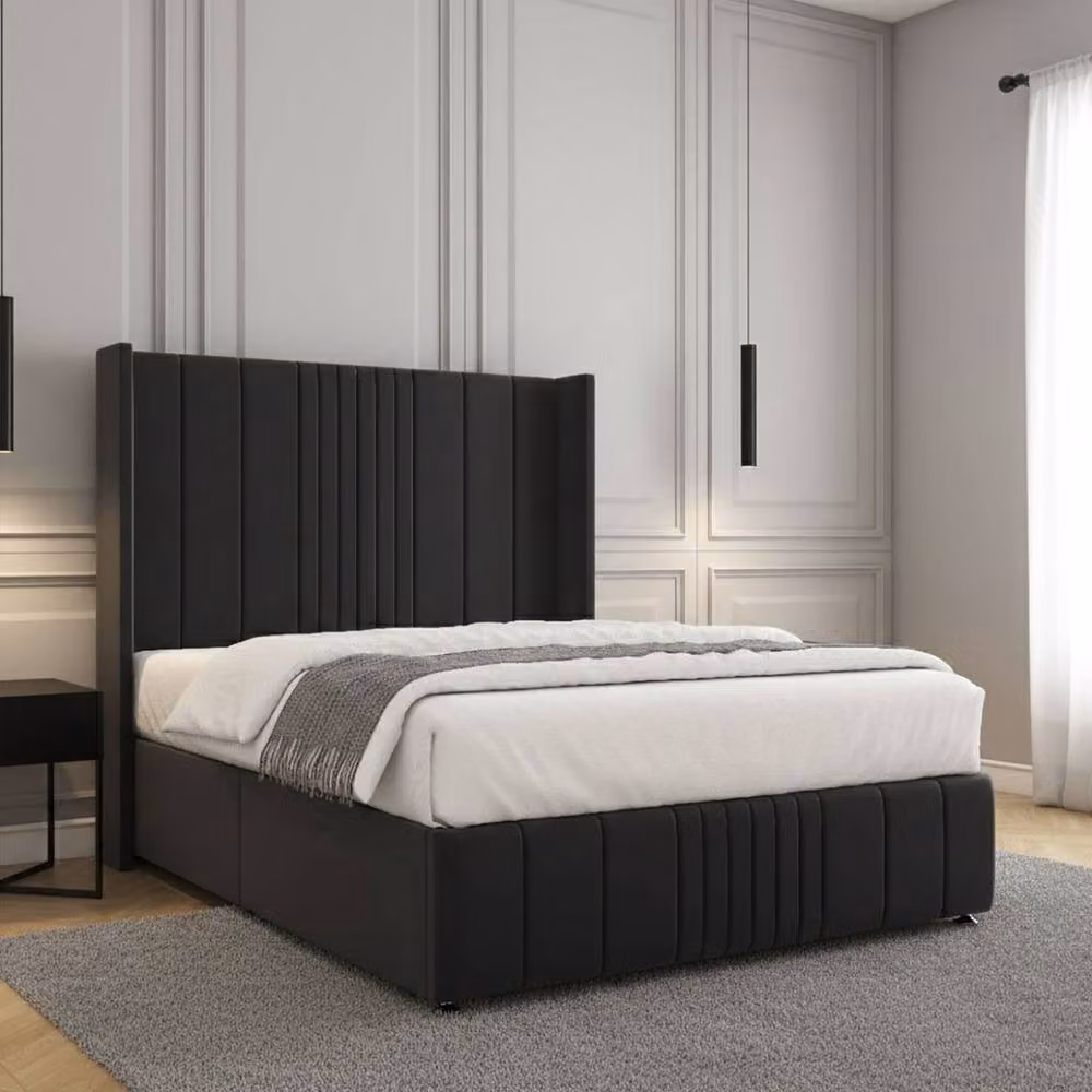 Regional Furnishings Black Velvet Upholstered Single Divan Bed W/ 54 inch Headboard and 12 inch Footboard, W/D/H: 90 x 190 cm – 2