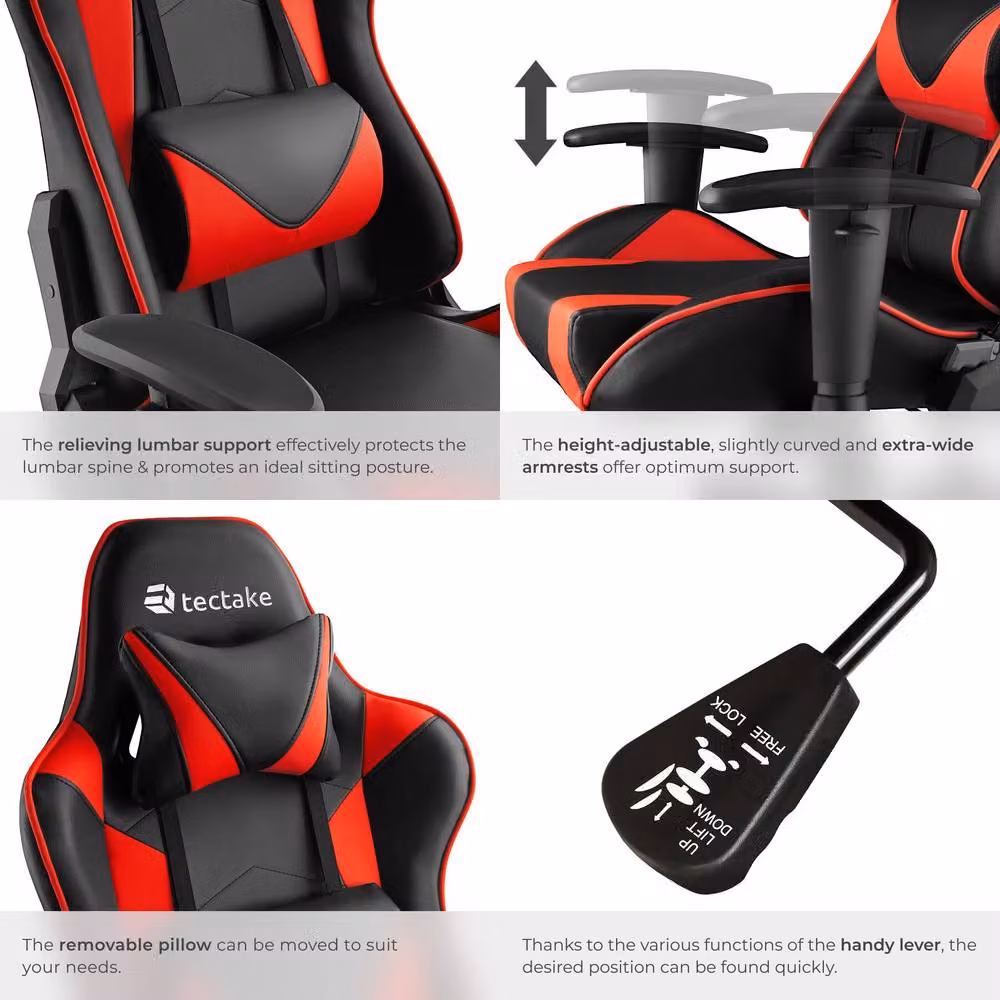 tectake Stealth Gaming Chair in Red and Black with Synthetic Leather and Headrest – 5