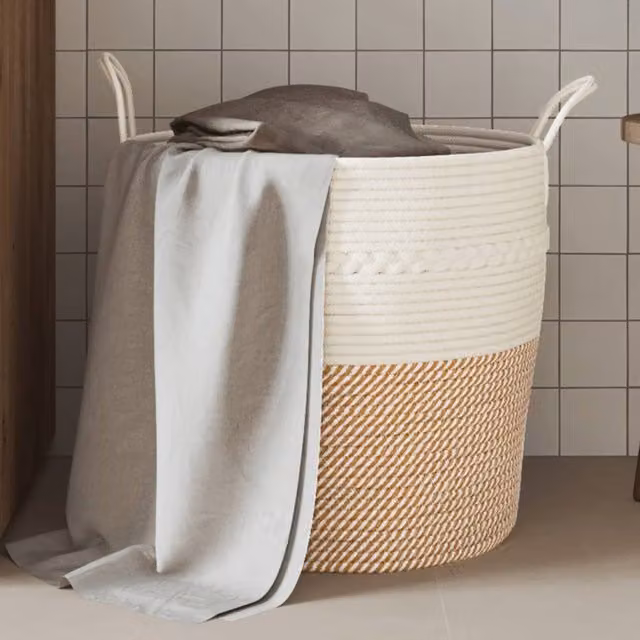 Berkfield Cotton Open Weave Storage Basket in Brown and White, W: 43 cm, D: 38 cm, H: 38 cm